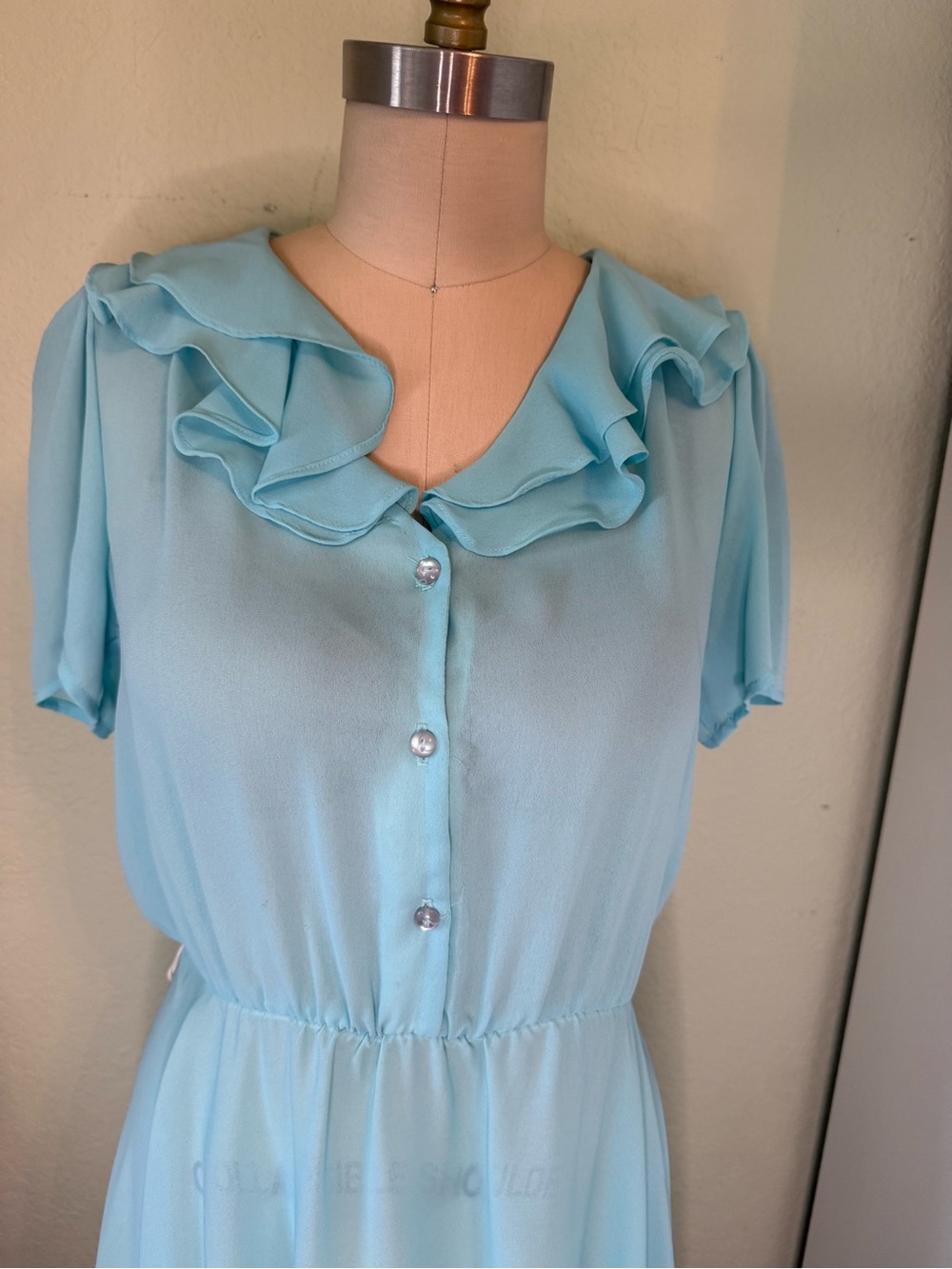 Vintage 1980s Aqua Blue Ruffle Neck Midi Dress